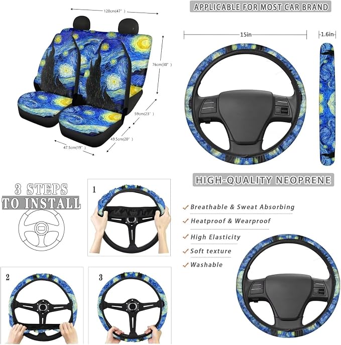 Suobstales Starry Night Print Car Accessories Car Seats Cover Protector, Steering Wheel Covers, Seatbelt Cover, Car Trash Can, Cup Coasters, Rearview Mirror Cover, Keychains, Pack of 13
