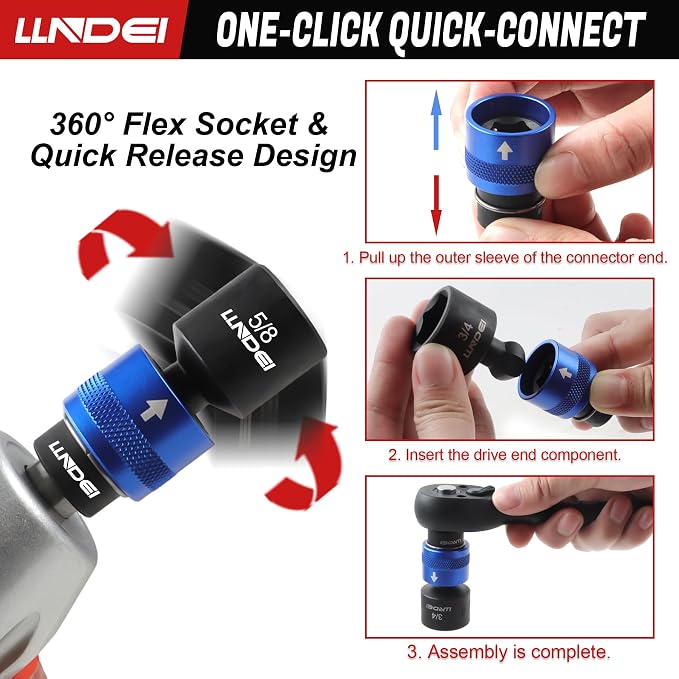 LLNDEI 29Pcs Swivel Socket Set, Quick Release Design, CR-MO 3/8 Swivel Sockets Metric(8-22mm)&Sae(5/16"-3/4"), Wobble Socket Set with Ratchet Wrench, Extension Bar and Adapters.