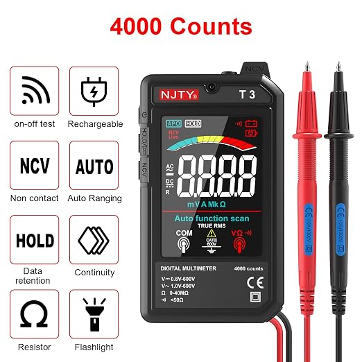 NJTY T3 Smart Digital Multimeter, Ultra-Thin Rechargeable Voltmeter with 3.2" Color LCD, Auto-Ranging 600V AC/DC Tester for Resistance NCV Live Wire Detection