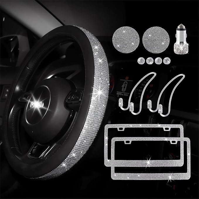 Guoord 12 PCs Bling Car Accessories Set for Women, Steering Wheel Covers Universal Fit 15in, License Plate Frame, Valve Stem Caps, Bling Car Coasters