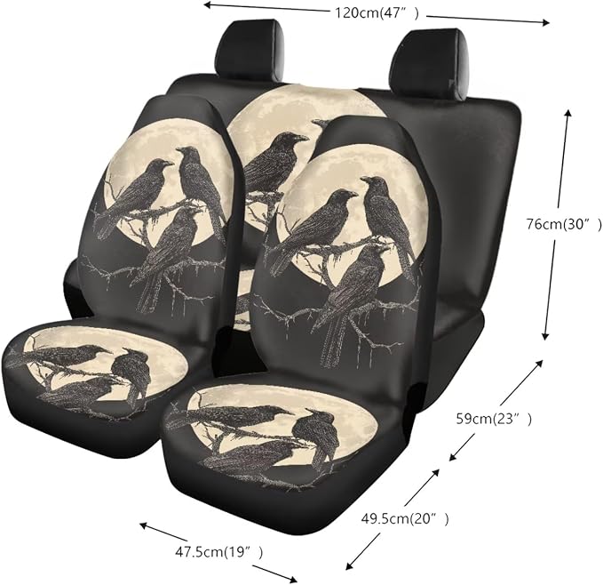 Crow Moon Pattern 13 Pieces Car Interior Accessories, Stretchy Auto Seat Covers Set of 4, 1 Piece Steering Wheel Cover, Breathable Safe Belt Pads Set of 4, 4PCS Cup Coasters