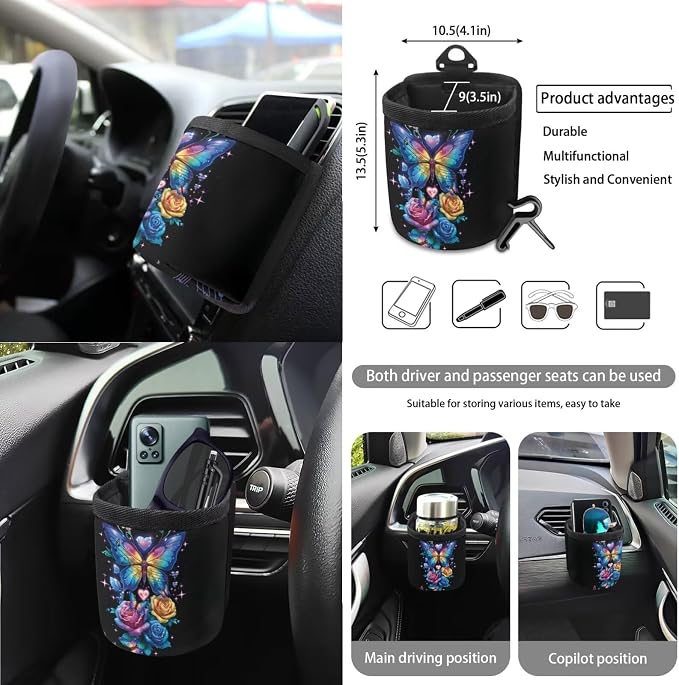 Butterfly Rose Car Seat Covers 15Pcs Full Set Car Steering Wheel Cover Seat Belt Cover Trash Bin Air Vent Storage Box Rear View Mirror Car Cup Holder Keychain Music Notes Print