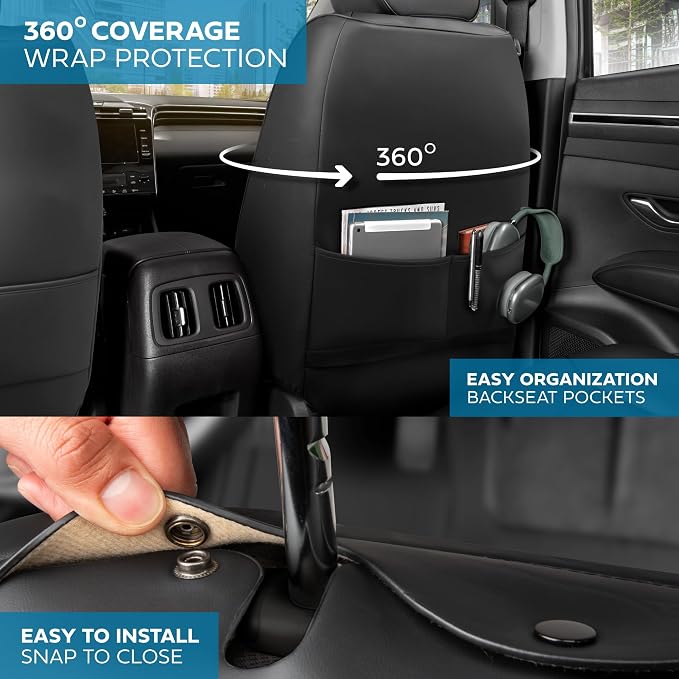 MotorBox Prestige Edition Faux Leather Seat Covers for Cars, Trucks, & SUV - 2 Black Car Seat Covers for Front Seats - Universal Fit Car Accessories Automotive Interior Protector for Most Vehicles