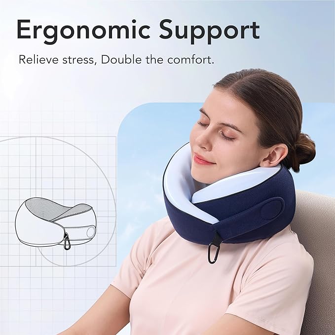 KPNEOL Travel Pillow, 100% Pure Memory Foam Travel Neck Pillow Airplane Neck Support Ergonomic Design for Traveling Suitable for Airplanes,Offices and Cars-Cooling Silk Blue