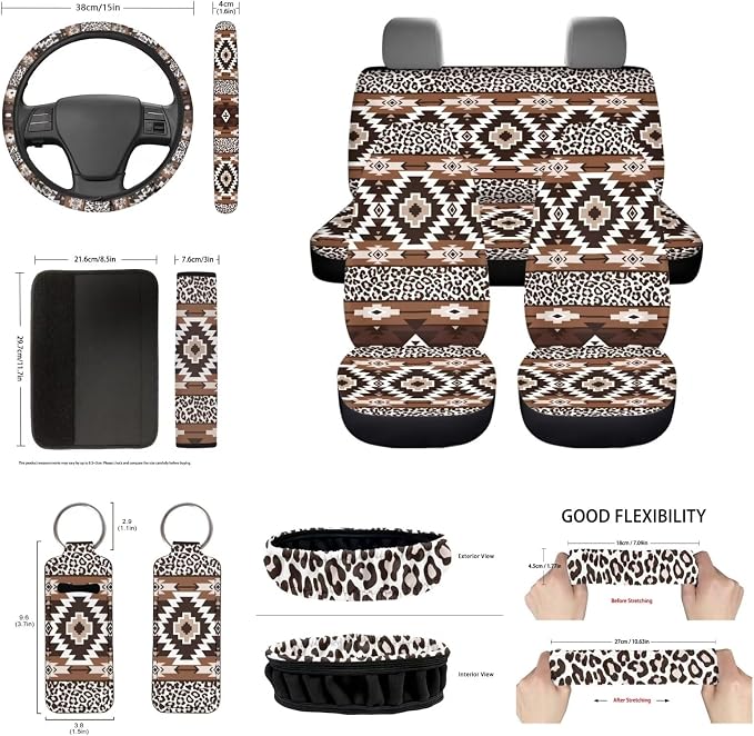 Leopard Tribal Aztec Seat Covers Front Back Seats Full Set Car Protection Accessory,Comfy Elastic Front Rear Bench Seat Covers for Most Vehicle,Steering Wheel Cover,Keys,Coaster,Mirror Covers