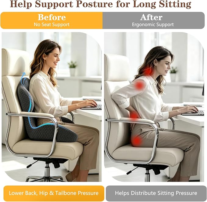 Ergonomic Memory Foam Seat Cushion with Back Support, L-Shaped Office Chair Cushion with Coccyx Cutout, Tailbone Support Cushion for Long Sitting, Car Seat Cushion for Driving, Home & Gaming Chair