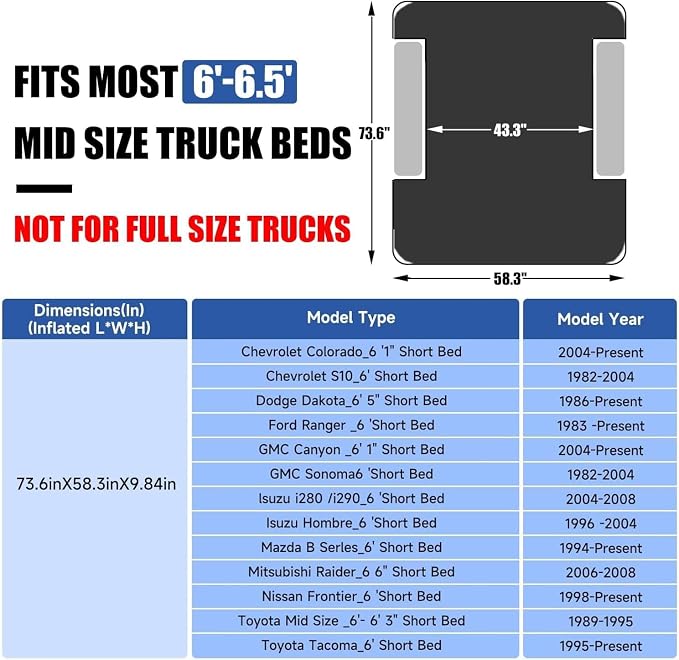Umbrauto 6-6.5ft Mid SizeTruck Bed Air Mattress for Short Beds, Inflatable Mattress with Pump for MidSize Pickup Bed Tent Camping, Pick Up Truck Sleeping Pad for Camping