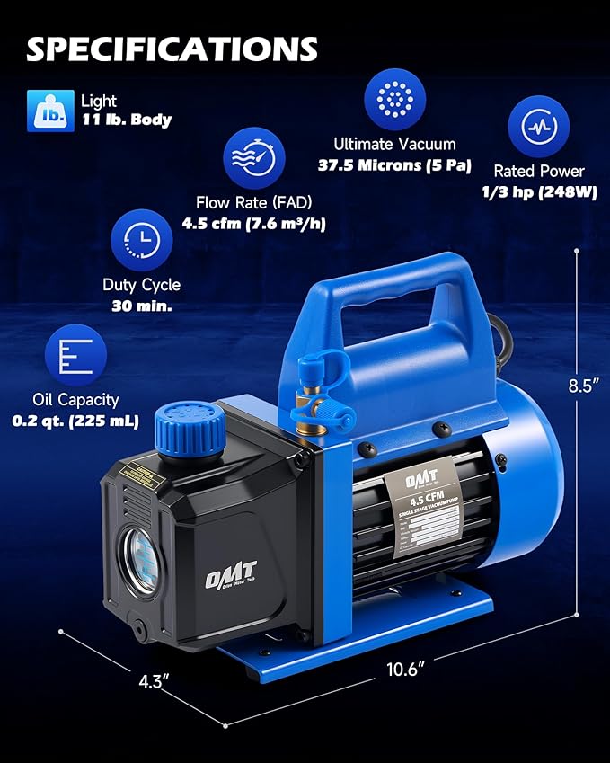Orion Motor Tech Vacuum Pump, 4.5 cfm 1/3 hp HVAC Single Stage Vacuum Pump for R12 R22 R134a R410a R502, Auto AC Vacuum Pump Kit for Automotive Air Conditioner Resin Degassing & More, Oil Included