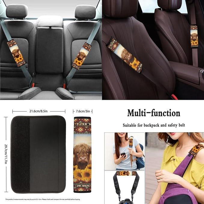 Highland Cow Car Seat Covers Full Set of 11 Aztec Sunflower Car Accessories with Steering Wheel Cover/Seatbelt Pad/Coasters/Shift Knob Handbrake Cover, Universal Front Rear Seat Cushion Cover