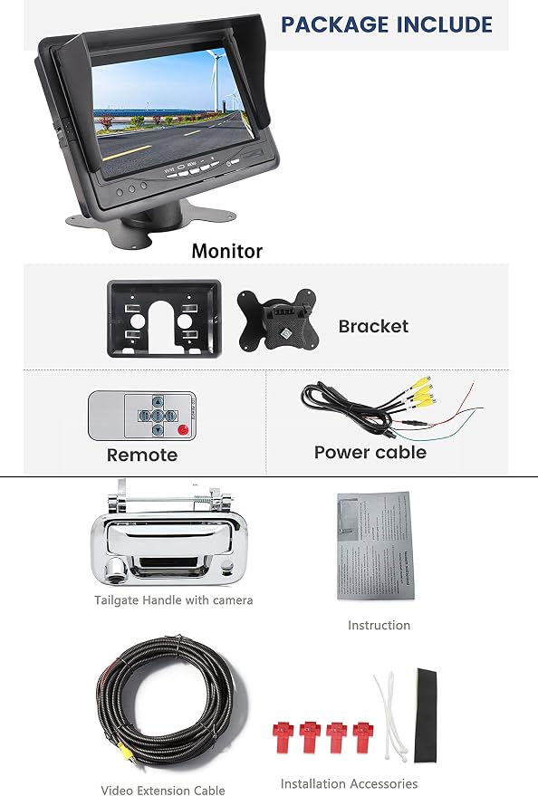 EWAY Tailgate Handle Backup Camera with 7 Inch TFT LCD Monitor Kit for 2004-2014 Ford F150 /Super Duty F250 F350 F450 F550 Reverse Monitor with Remote Control