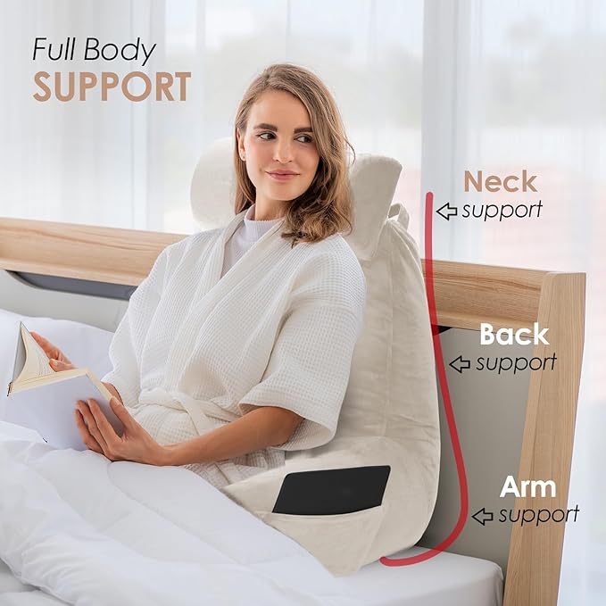 Nestl Reading Pillow with Shredded Memory Foam Includes 2 Neck and Lumber Support Pillows, Designed for Sitting Up in Bed and Couch, Back and Arms Adjustable Support for Adult & Teens, Linen