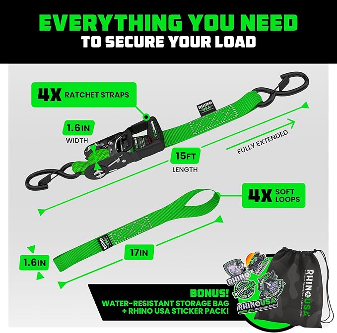 Rhino USA Ratchet Straps Heavy Duty Kit (4-Pack) - 1.6 Inch x 8 Feet Min Break Strength (5,000) - Ultimate Tie Down Straps with Safety S Hooks for Trucks, ATV, UTV, Motorcycle, Cargo & More - Green