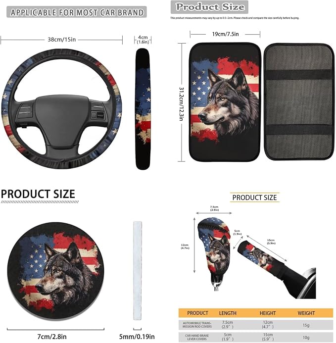 Lotusorchid Wolf Print Car Accessories Full Set, American Flag Printed Car Front Back Seat Covers and Gear Shift Knob Cover, Anti-Dust Steering Wheel Cover and Auto Seat Covers for Cars