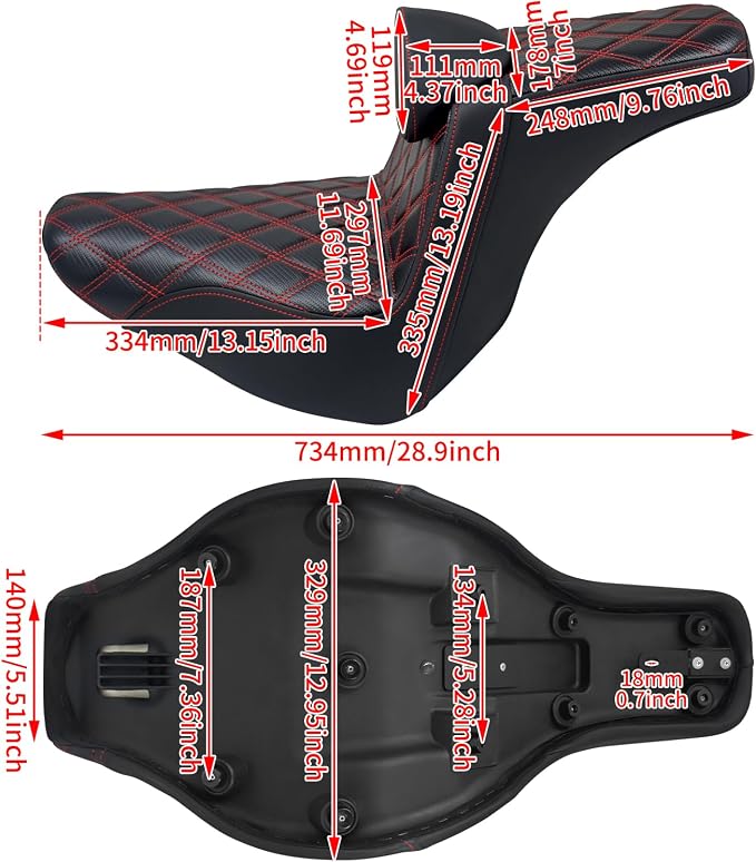 Motorcycle Seat Driver Passenger Seat with Backrests for Harley Low Rider Low Rider S ST 2018-up (Black with red stitching)