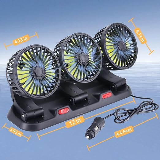 Triple-Head Fan for Car, Portable Car Fans for Vehicles Cars RV Vent with 360°Rotation Cigarette Lighter Plug