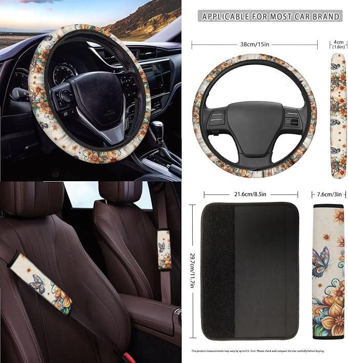 Butterfly Boho Floral Print Car Seat Covers 15Pcs Full Set Car Steering Wheel Cover Seat Belt Cover Trash Bin Air Vent Storage Box Rear View Mirror Car Cup Holder Keychain