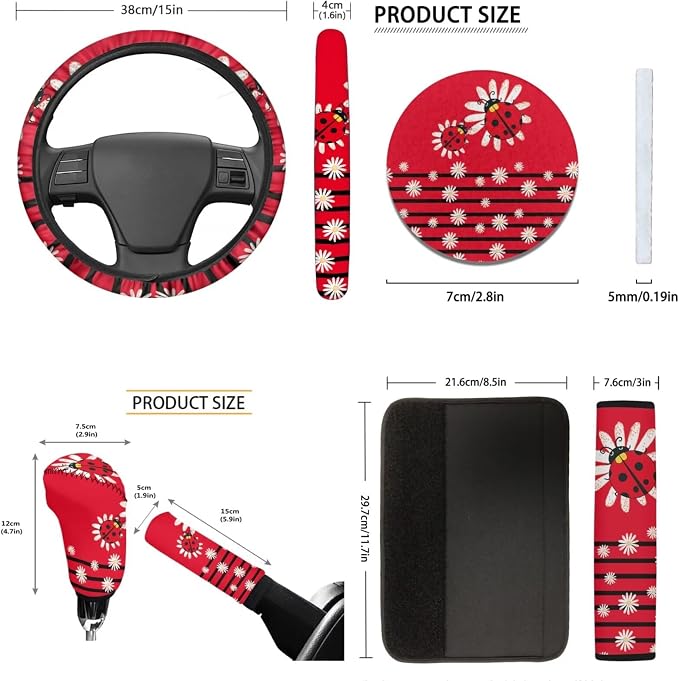 Tupalatus Funny Ladybugs 9 Pcs Front Seat Covers Set Washable Steering Wheel Cover Car Seat Belt Pads Cover Coasters Gear Shift Hoodie Handbrake Cover for Auto Trucks Van SUV