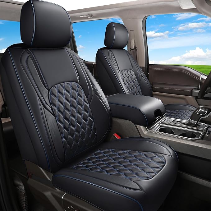 Huidasource Faux Leather Front&Rear Truck Seat Cover Custom Fit for 2015-2026 Ford F150 SuperCrew & 2017-2026 F250 F350 F450 Super Duty Crew Cab XL XLT Lariat King Ranch Platinum(Full Set/Black&Blue)
