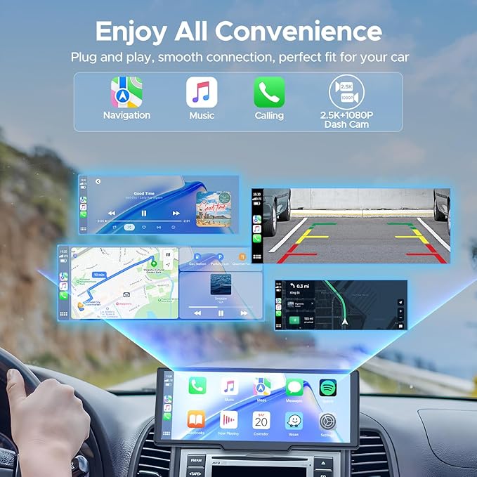 Topexplore 9.26'' Carplay Screen with 2.5K Dash Cam and 1080P Backup Camera | Portable Wireless Car Play Android Auto, Upgrade Navigation, Mirror Link, Voice Control, Hands-Free for iOS 11+ Android 11+