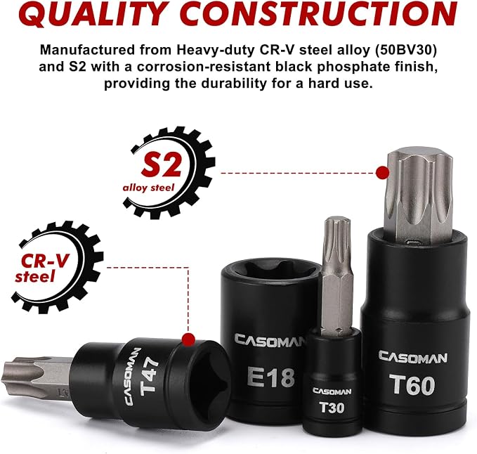 CASOMAN 71-Piece Master Hex & Torx Bit Socket Set, 1/4" & 3/8" & 1/2" Drive, Metric/SAE Hex Bit Sockets, Star Bit Sockets (T6 - T70), E-Torx Sockets (E4 - E24), with Storage Case