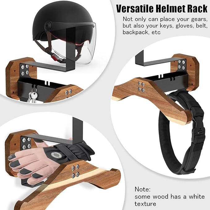 Motorcycle Helmet Holder - Wall Mount Rack, Solid Wood & Heavy Duty Steel, for Motorcycle/Football/Cycling/Skiing/Tactical Gear