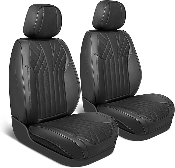 MotorBox Elite Edition Faux Leather & Suede Seat Covers for Cars, Trucks, & SUV - 2 Black Car Seat Covers for Front Seats - Universal Fit Car Accessories Automotive Interior Cover Protector for Cars