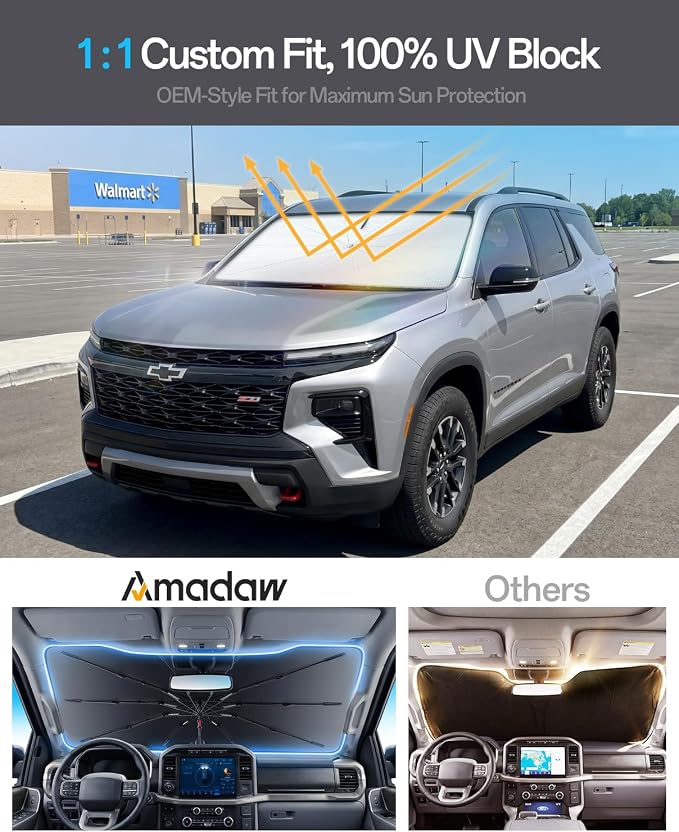 Windshield Sun Shade for Chevrolet Traverse/Suburban 2000–2026, Foldable Umbrella Sunshade with 100% UV Block, Multi-Layer Heat Insulation, Reinforced 10-Rib Frame, Keeps Car Cooler