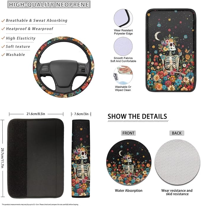 Lotusorchid Skeleton Floral Print Seat Covers for Cars Full Set, Decorative Auto Seat Covers Seatbelt Cover and Armrest Cover for Car, Removable Automobile Interior Sets