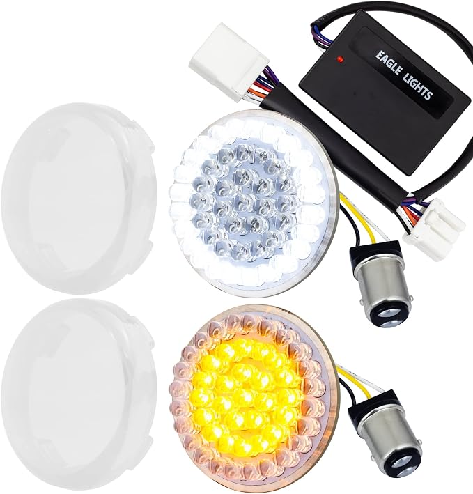 Eagle Lights 8748TS-C-EE 2" Front LED Turn Signals with White Halo Running Lights Compatible With Harley Davidson® Motorcycles - Generation I / 1157 Base/Add Clear Lenses/Add Load Equalizer