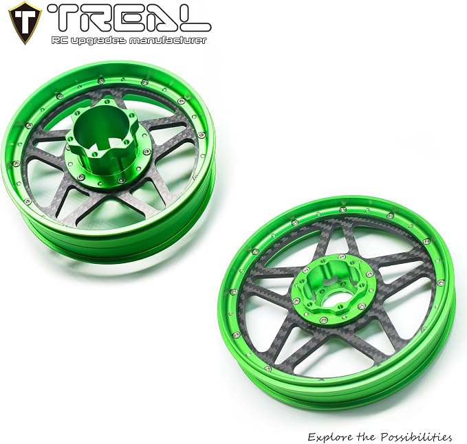 TREAL Losi Promoto MX Front and Rear Wheels(2P), CNC Machined Aluminum w Carbon Rims for Losi 1/4 FXR Motorcycle(Green)