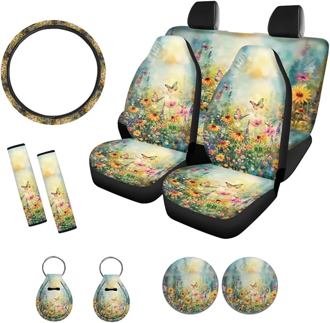 Xoenoiee Butterfly Vibrant Floral Pattern 11 Pcs Universal SUV Car Seat Covers Auto Interior Accessories Full Set with Steering Wheel Covers, Seat Belt Pads, Key Chain, Car Cup Mat
