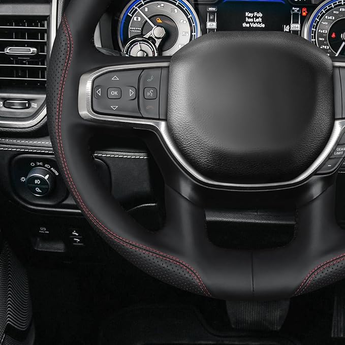 MEWANT Hand-Stitched Steering Wheel Cover Wrap for Dodge Ram 1500 2019-2023 Steering Wheel Accessories for Dodge Ram(Backsides Without Buttons)