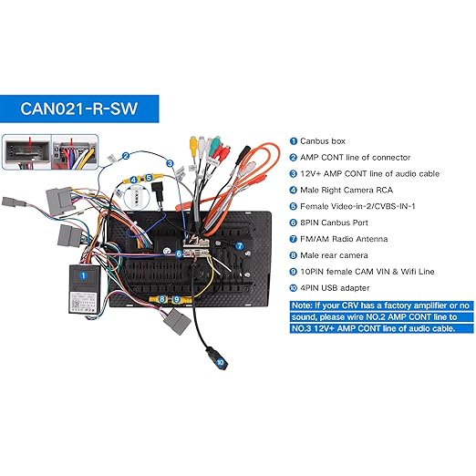 16-Pin Car Stereo Wire Harness with Canbus Box for Honda CRV 2015–2016 2.4L, Civic 2014–2015, Retain Factory LaneWatch Camera Steering Wheel Control Rear Camera, Plug & Play for Android Radio