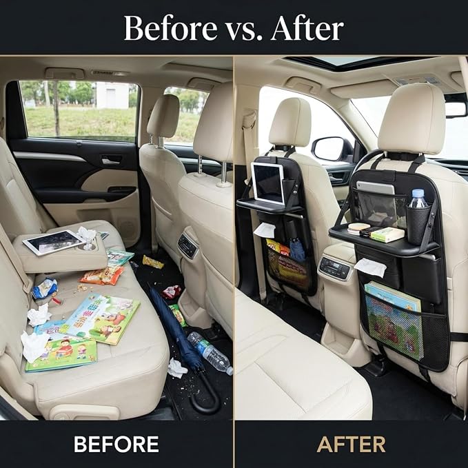 Premium PU Leather Car Seat Back Organizer with Foldable Tray & Transparent Touch Screen Tablet Pouch, Travel Accessories with Storage Bin, Cup Holder, Tissue Pocket, Hook, Fit SUV Sedan Truck (Black)