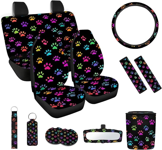 Colorful Dog Paws 12 Pack Automobile Seat Cover Car Steering Wheel Cover Car Seat Belt Cover Car Trash Can Car Rear View Mirror Cover Car Cup Coasters Keychain Holder Keychains