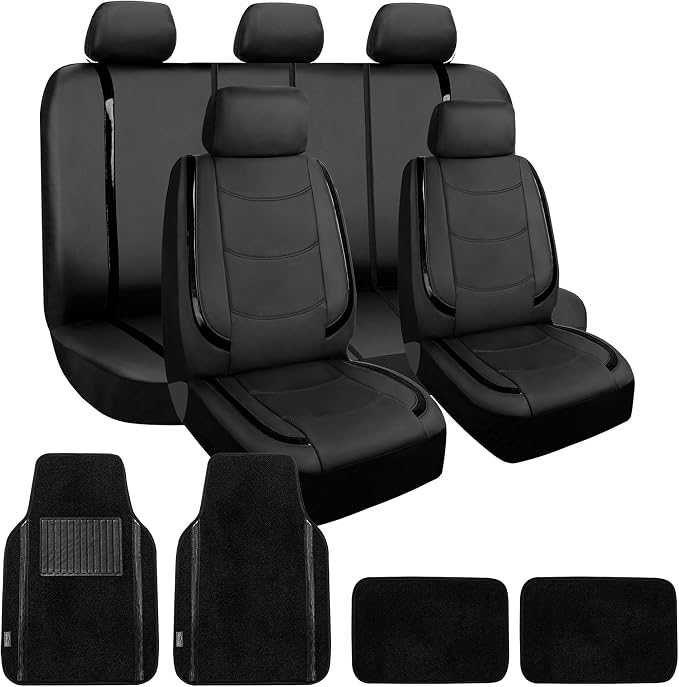 FH Group Galaxy13 Metallic Striped Deluxe Leatherette Car Seat Covers with Matching Carpet Floor Mats – Full Set, Universal Fit, Airbag Compatible for Cars, SUVs & Sedans, Black