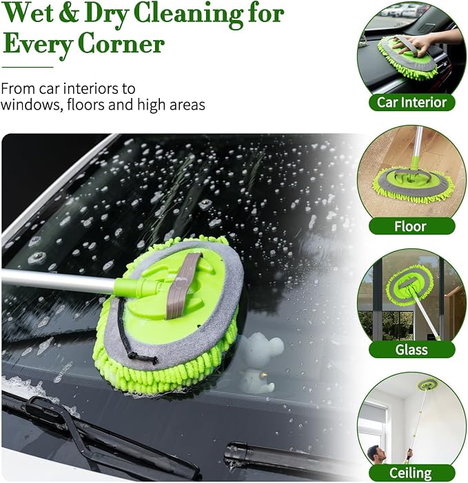 Car Wash Brush with Long Handle - 62" Car Wash Kit with Chenille Microfiber Cleaning Brush, Car Washing Mop with 3 Replacement Mitts, Scratch-Free Scrub Washer Wand for Vehicles, RV, Truck Green