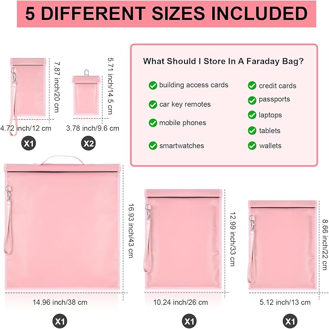 Shinylin 6 Pack Faraday Bags for Laptop Phone Car Key Tablet, EMP Proof Faraday Bags Waterproof Faraday Cage Device Signal Proof Faraday Blocker Pouch for Anti Theft Anti Tracking (Pink)