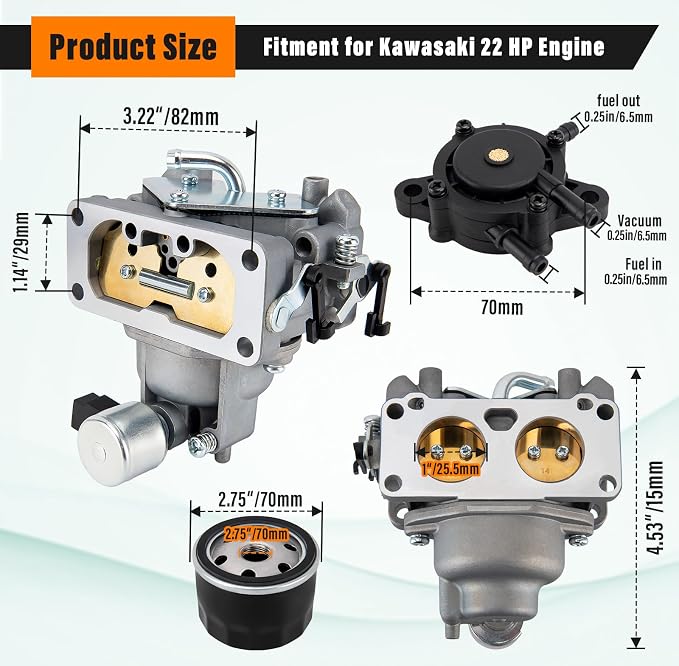 FH661V Carburetor Compatible with Kawasaki FH641V FH661V FH680V FH721V FX850V, 22 HP Engine, with 49065-0724 Oil Filter/Fuel pump,Replaces Parts 15004-1010 15004-0763 15004-7024