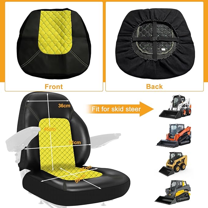 Industrial Vehicle Seat Cover for Skid Steer, Heavy Duty Leather Seat Cover, Compatible with John Deere, Caterpillar, Kubota, Bobcat, New Holland, Yellow