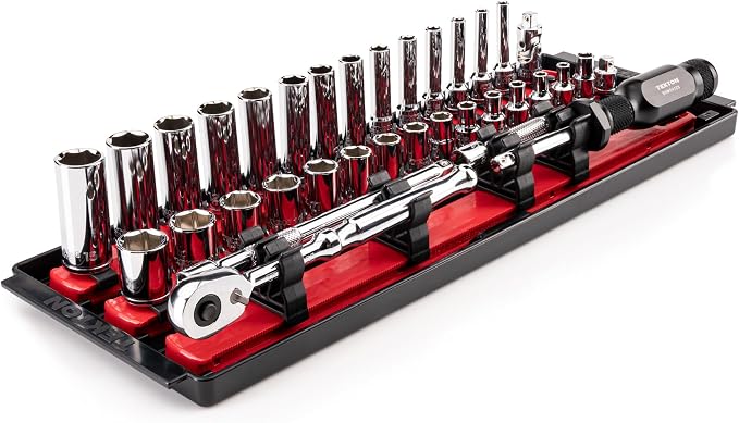 TEKTON 1/4 Inch Drive 6-Point Socket and Ratchet Set with Rails and Tray, 35-Piece (4-15 mm) | SKT03201