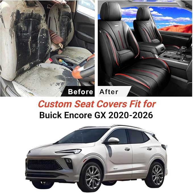 Fit Encore GX Car Seat Covers (Front Pair) for Select Buick Encore GX 2020-2026 - Full Coverage Leather, Airbag Compatible, Waterproof & All Weather Seat Cushion Protector, Black with Red Trim