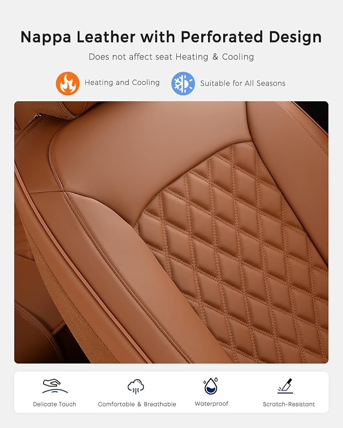 Huidasource Brown Back Seat Covers, Nappa Leather Rear Seat Covers Velcro Adjustable, Compatible with Seat Belts, Child Safety Seats, Universal Fit for Most Cars SUVs Trucks (Back Row/Brown)
