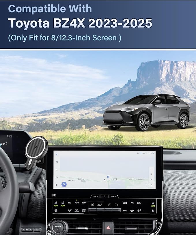 PZK Car Phone Holder for Toyota BZ4X 2023-2025/ S-ubaru Solterra 2023 2024 2025 Accessories 8/12.3-Inch Screen Fixed Clip Magnetic 15W Fast Wireless Charger Car Phone Mount 360° Rotate Not Affect Vent