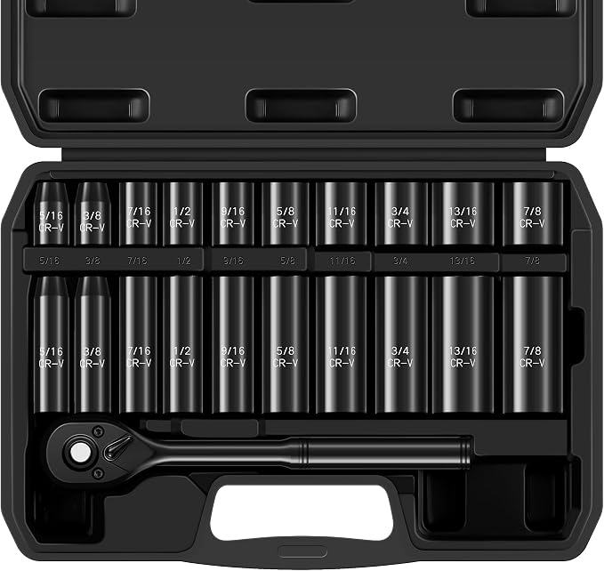 Aloanes 3/8" Drive Impact Socket Set, 21-Piece Deep & Shallow Sockets SAE (5/16"- 7/8"), 72-Tooth Ratchet Wrench, 6 Point Design, Cr-V Steel