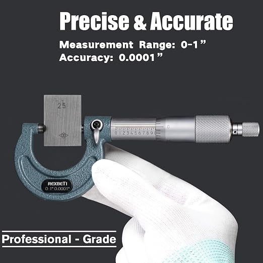 REXBETI 4Pcs Outside Micrometer Set, 0-4" Machinist Micrometer, Ultra-Precision Carbide Tipped Measuring Tool Set, 0.001" Graduation, +/-0.0001" Accuracy, Protective Case