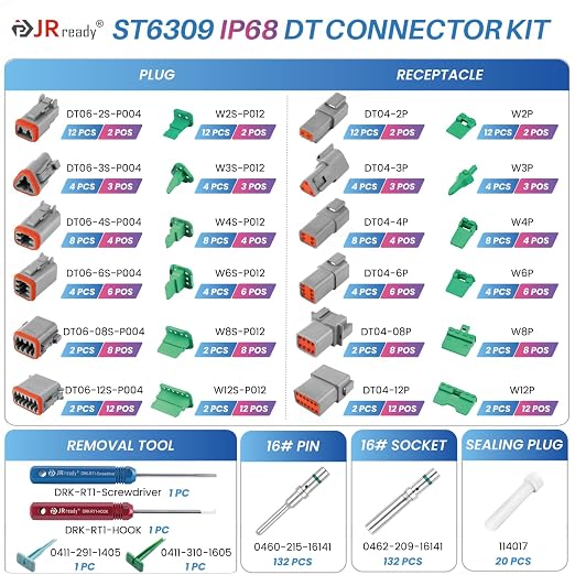 JRready ST6309 Deutsch DT Connector Kit 416PCS, 2 3 4 6 8 12 Pin IP68 Waterproof Automotive Electrical Connectors, Size 16 Solid Contacts, 14-20 AWG for Car Truck Boat Off-Road Wiring