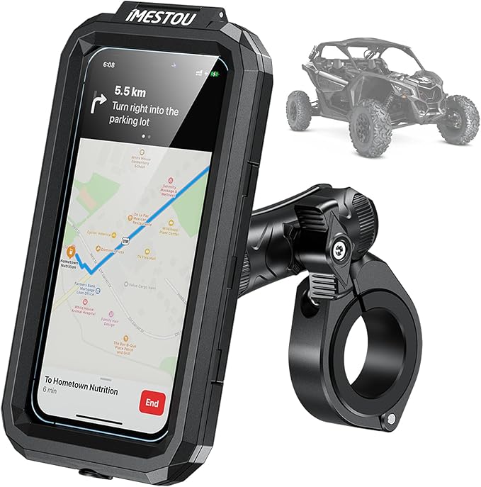 iMESTOU Waterproof ATV Phone Mount with Anti-Theft Design and 360° Rotation 1“ Ball Base Fits for ATV UTV 1.5''/1.75''/1.85''/2''/2.1'' Handlebars, Suitble for 3.5"-6.1" Smartphones (Size S)
