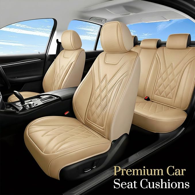 Fit Escape Car Seat Covers for Ford Escape 2001-2025 2026 - Luxury Leather, Anti-Slip, All-Weather Seat Cushions, Waterproof & Breathable, Airbag Compatible, Full 5-Seat Set (Beige)
