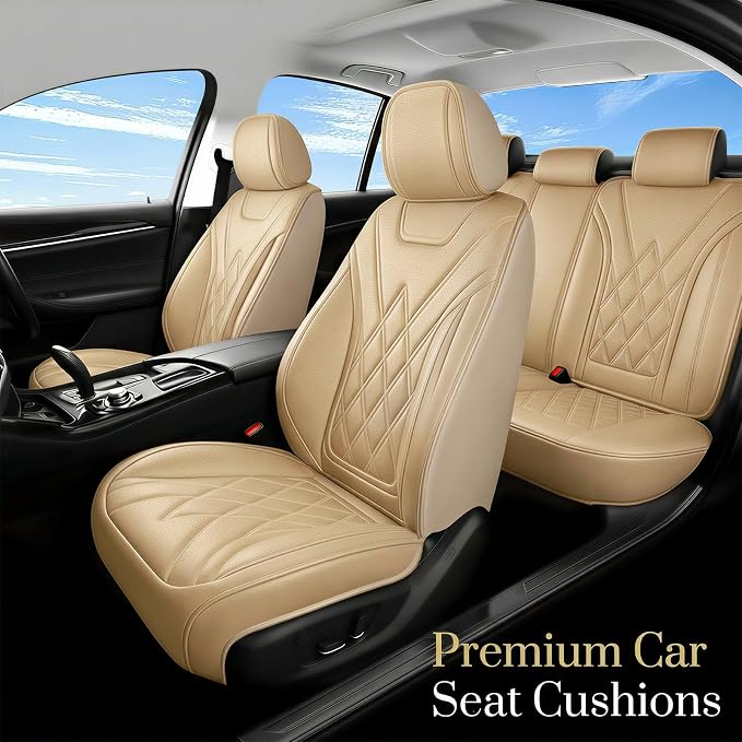 Fit Expedition Car Seat Covers for Ford Expedition 2011-2025 2026(Only 5-Seat Version) - Luxury Leather, All-Weather Seat Cushions, Waterproof, Airbag Compatible, Full 5-Seat Set (Beige)